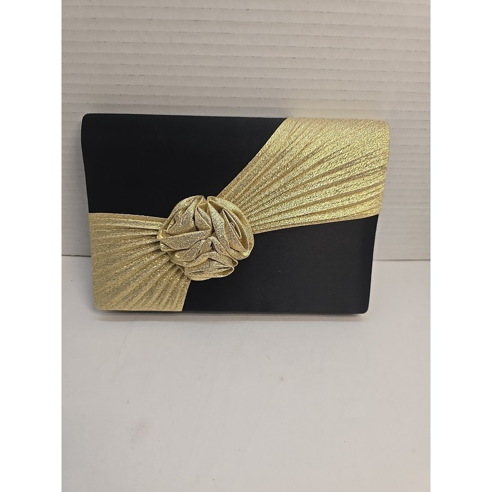 Vintage Black‎ Satin Evening Clutch Gold Rosette Pleated Formal Shoulder Bag